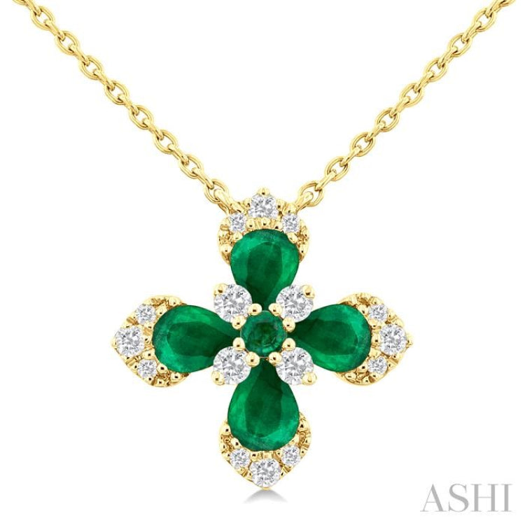 4x3 MM Pear and 2 MM Round Emerald and 1/6 Ctw Round Cut Diamond Floral Blossom Precious Pendant With Chain in 14K Yellow Gold