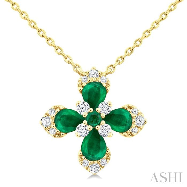 4x3 MM Pear and 2 MM Round Emerald and 1/6 Ctw Round Cut Diamond Floral Blossom Precious Pendant With Chain in 14K Yellow Gold