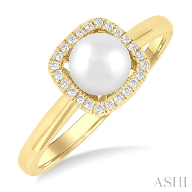 6 MM Cushion-Shaped Cultured Pearl and 1/10 Ctw Petite Round Cut Diamond Halo Ring in 10K Yellow Gold