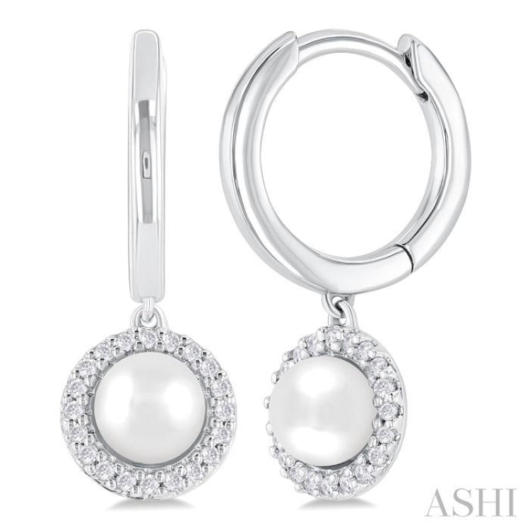 5.5 MM Round Shape Cultured Pearl and 1/8 Ctw Petite Round Cut Diamond Halo Fashion Huggies in 10K White Gold