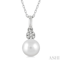 6 MM Round Shape Cultured Pearl and 1/50 Ctw Round Cut Diamond Petite Fashion Pendant With Chain in 10K White Gold