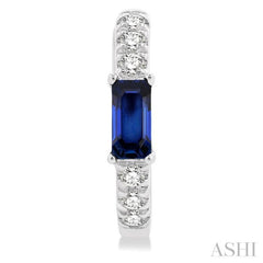 4X2 MM Baguette Cut Sapphire and 1/8 Ctw Petite Round Cut Diamond Fashion Huggies in 10K White Gold