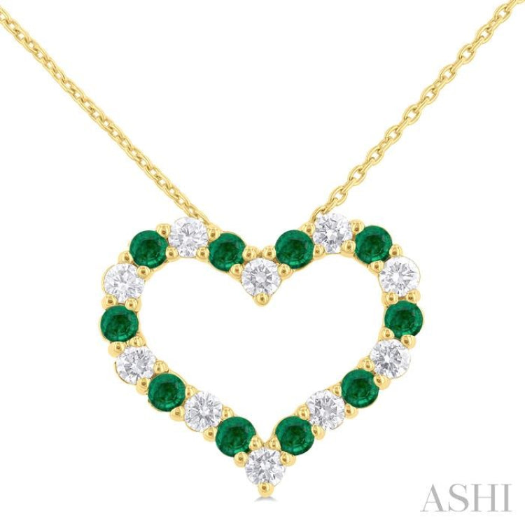2.3 MM Round Cut Emerald and 1/2 Ctw Open Heart Round Cut Diamond Precious Fashion Pendant With Chain in 14K Yellow Gold