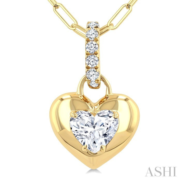 1/4 Ctw Dome Heart and Round Cut Diamond Fashion Pendant With Paperclip Chain in 14K Yellow Gold