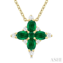 4x3 MM Oval Cut & 2 MM Princess Cut Emerald and 1/10 Ctw Round Cut Diamond Floral Design Pendant With Chain in 14K Yellow Gold