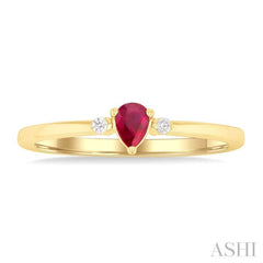 4x3 MM Pear Shape Ruby and 1/50 Ctw Petite Round Cut Diamond Fashion Ring in 10K Yellow Gold