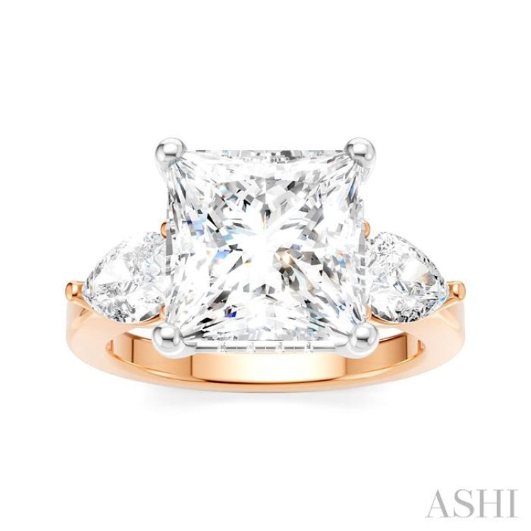 1 1/10 Ctw Tri-Mount Princess Shape Center Pear and Round Cut Diamond Semi-Mount Engagement Ring in 14K Rose and White Gold