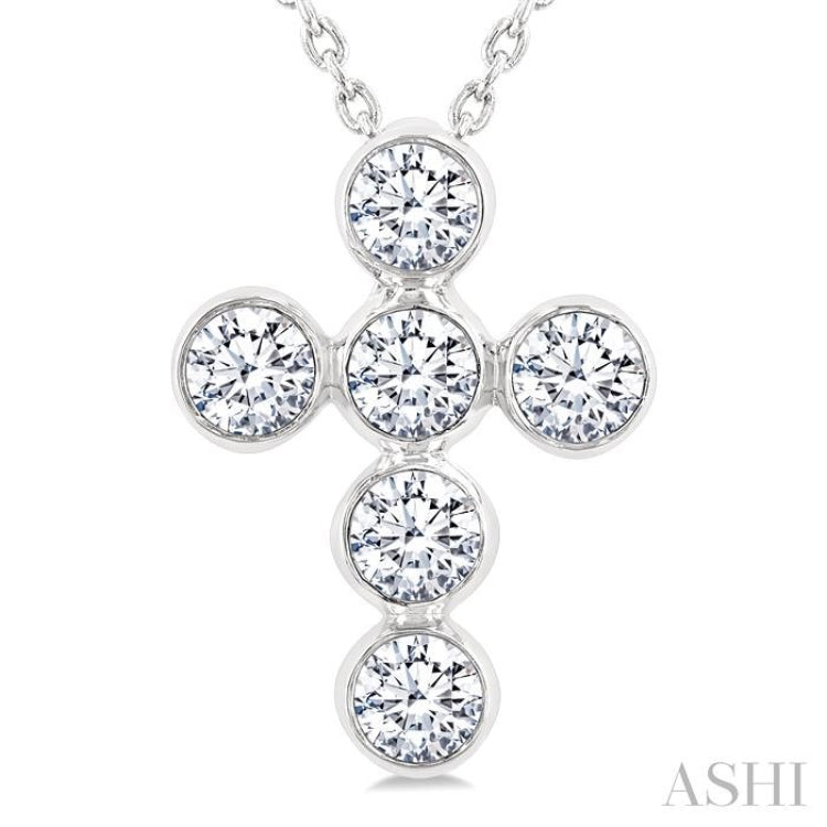 3/4 Ctw Round Cut Diamond 6-Stone Bezel Set Cross Pendant With Chain in 14K White Gold