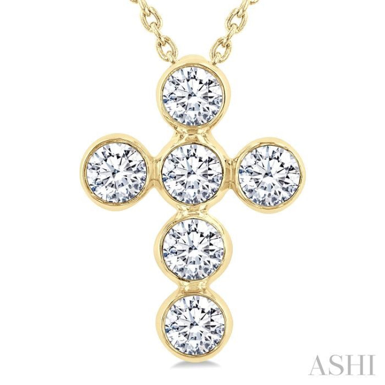 3/4 Ctw Round Cut Diamond 6-Stone Bezel Set Cross Pendant With Chain in 14K Yellow Gold