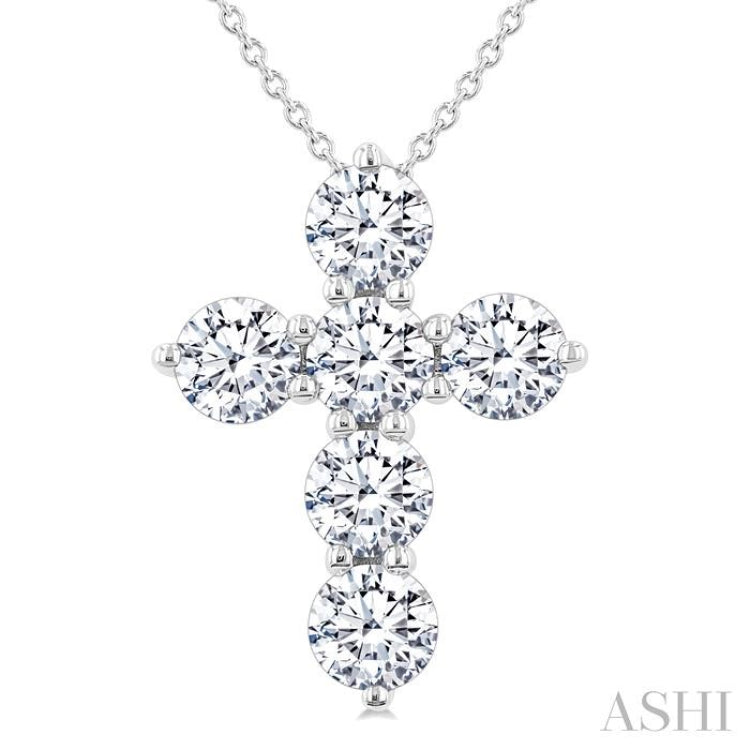 2 Ctw Round Cut Diamond Christian Cross 6-Stone Fashion Pendant With Chain in 14K White Gold