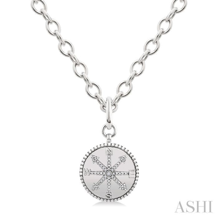 1/10 Ctw Compass medallion Round Cut Diamond Pendant With Chain in Sterling Silver
