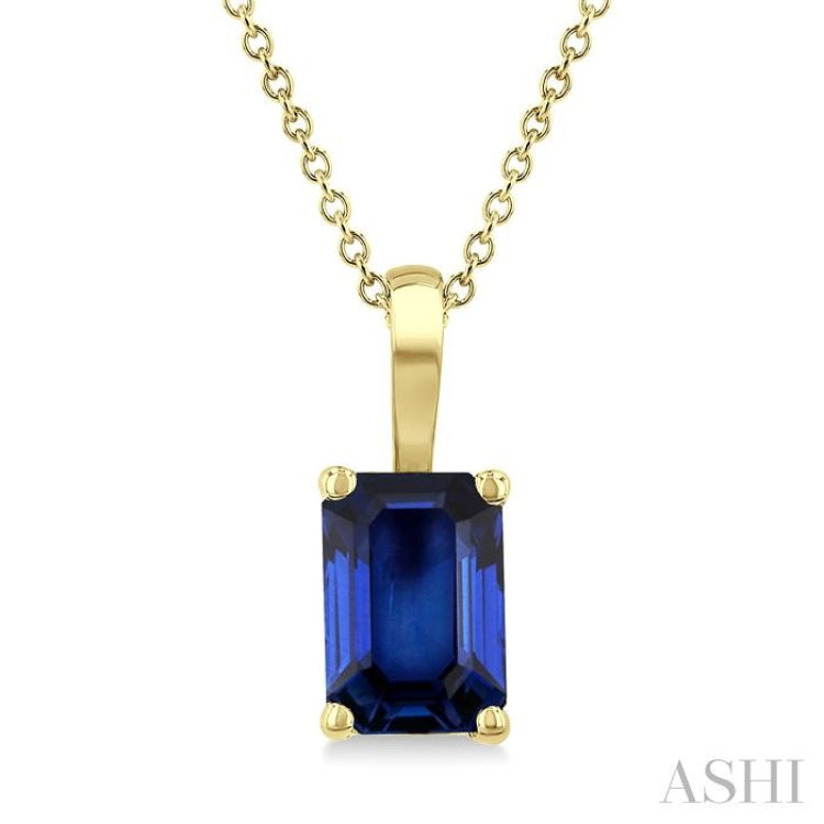 6X4 MM Octagon Shape  Sapphire Precious Solitaire Pendant With Chain in 14K Yellow Gold