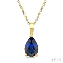 6X4 MM Pear Shape Sapphire Precious Solitaire Pendant With Chain in 14K Yellow Gold