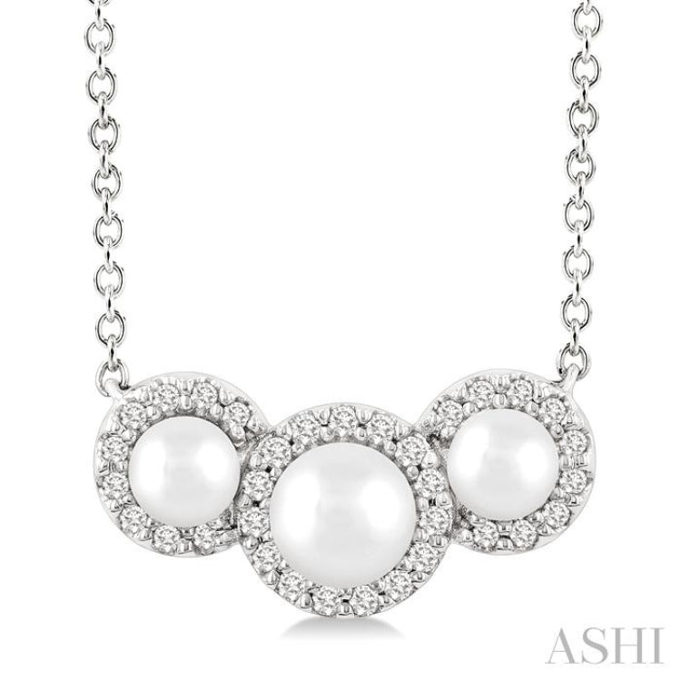 1/8 Ctw Past, Present & Future 4MM & 3MM Cultured Pearl and Round Cut Diamond Halo Pendant With Chain in 14K White Gold