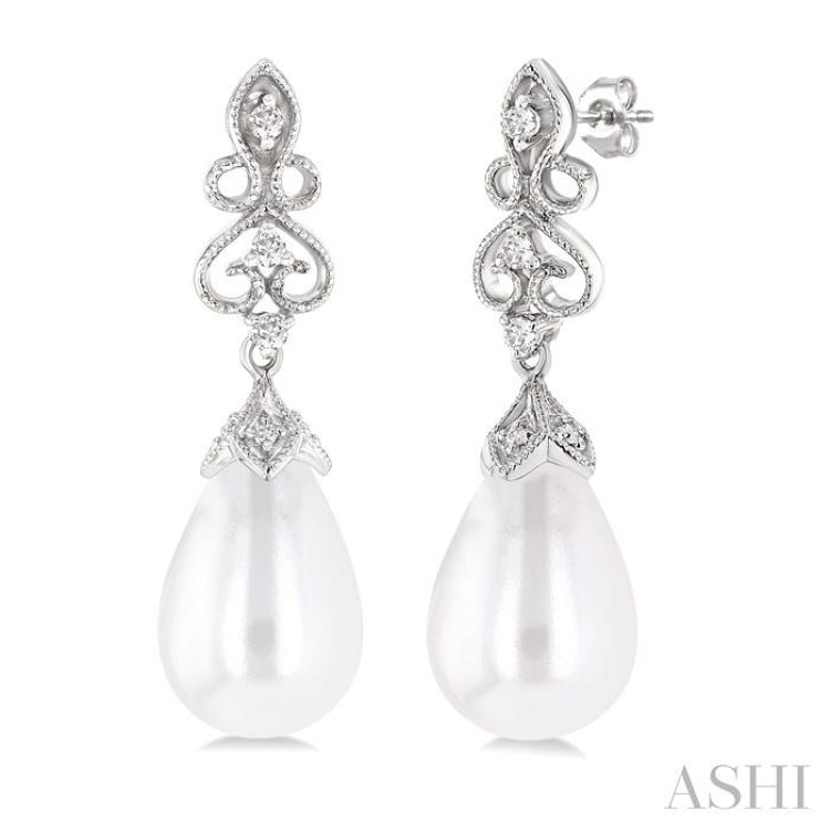 8X6 MM Cultured Pearl and 1/20 Ctw Round Cut Diamond Earrings in 10K White Gold