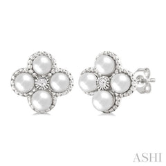 3 MM Clover Cultured Pearl and 1/50 Ctw Round Cut Diamond Fashion Earrings in 10K White Gold