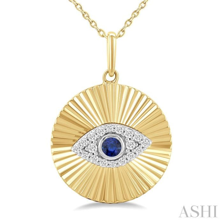 2.5 MM Round Shape Sapphire and 1/8 Ctw Fluted Evil Eye Round Cut Diamond Precious Fashion Pendant With Chain in 14K Yellow and White Gold