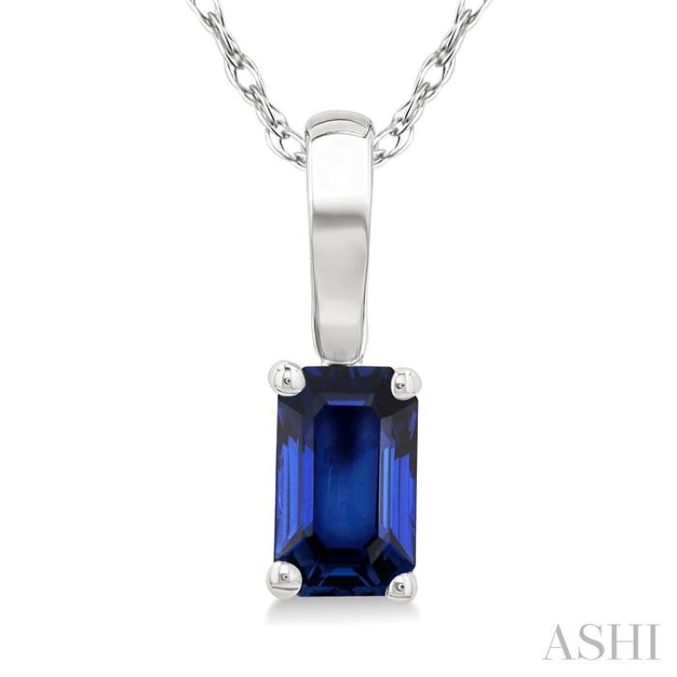 5X3 MM Octagon Shape Sapphire Precious Solitaire Pendant With Chain in 14K White Gold