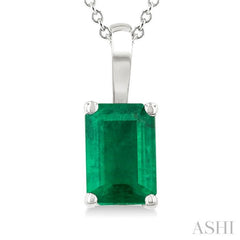 6X4 MM Octagon Shape Emerald Precious Solitaire Pendant With Chain in 14K White Gold
