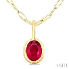 6x4 MM Bezel Set Oval Cut Ruby Precious Fashion Pendant With Paperclip Chain in 10K Yellow Gold
