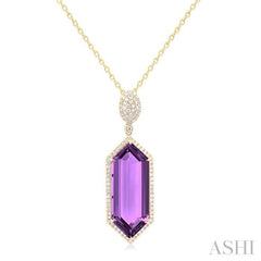 26x10 MM Hexagon Shape Amethyst and 1/2 Ctw Round Cut Diamond Halo Semi-Precious Pendant With Chain in 14K Yellow Gold