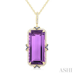 22x10 MM Emerald Cut Amethyst and .80 MM Sapphire & 1/5 Ctw Round Cut Diamond Halo Precious & Semi-Precious Pendant With Chain in 14K Yellow Gold