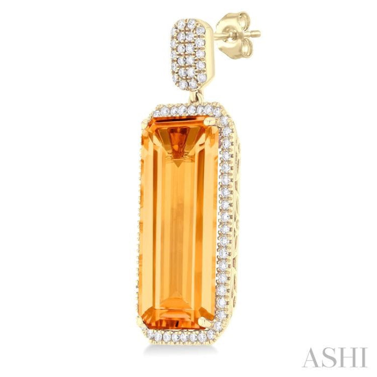 22x10 MM Emerald Cut Citrine and 7/8 Ctw Round Cut Diamond Halo Semi-Precious Earrings in 14K Yellow Gold