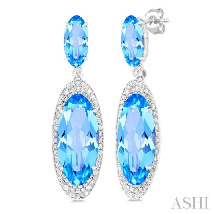 18x8 MM & 10x5 MM Oval Cut Blue Topaz and 3/4 Ctw Round Cut Diamond Halo Semi-Precious Earrings in 14K White Gold