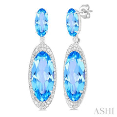 18x8 MM & 10x5 MM Oval Cut Blue Topaz and 3/4 Ctw Round Cut Diamond Halo Semi-Precious Earrings in 14K White Gold