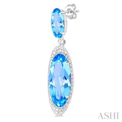18x8 MM & 10x5 MM Oval Cut Blue Topaz and 3/4 Ctw Round Cut Diamond Halo Semi-Precious Earrings in 14K White Gold