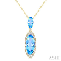18x8 MM & 10x5 MM Oval Cut Blue Topaz and 1/3 Ctw Round Cut Diamond Halo Semi-Precious Pendant With Chain in 14K Yellow Gold