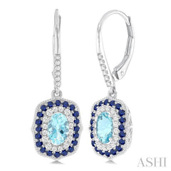 6x4 MM Oval Cut Aquamarine, 1.25 MM Sapphire and 1/3 Ctw Round Cut Diamond Halo Precious and Semi-Precious Fashion Earrings in 14K White Gold