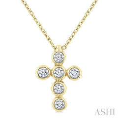 1/6 Ctw Round Cut Diamond 6-Stone Bezel Set Cross Pendant With Chain in 14K Yellow Gold