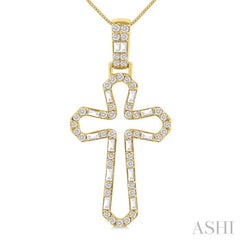 1/2 Ctw Open Window Cross Frame Baguette and Round Cut Diamond Fashion Pendant With Chain in 10K Yellow Gold