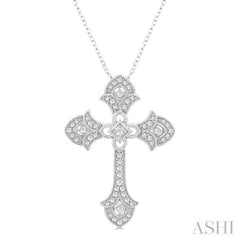 1/4 Ctw Cross Round Cut Diamond Fashion Pendant With Chain in 14K White Gold