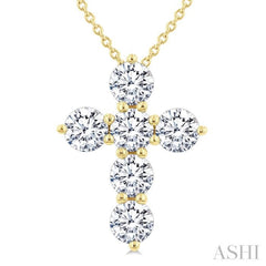 1 1/2 Ctw Round Cut Diamond Christian Cross 6-Stone Fashion Pendant With Chain in 14K Yellow Gold