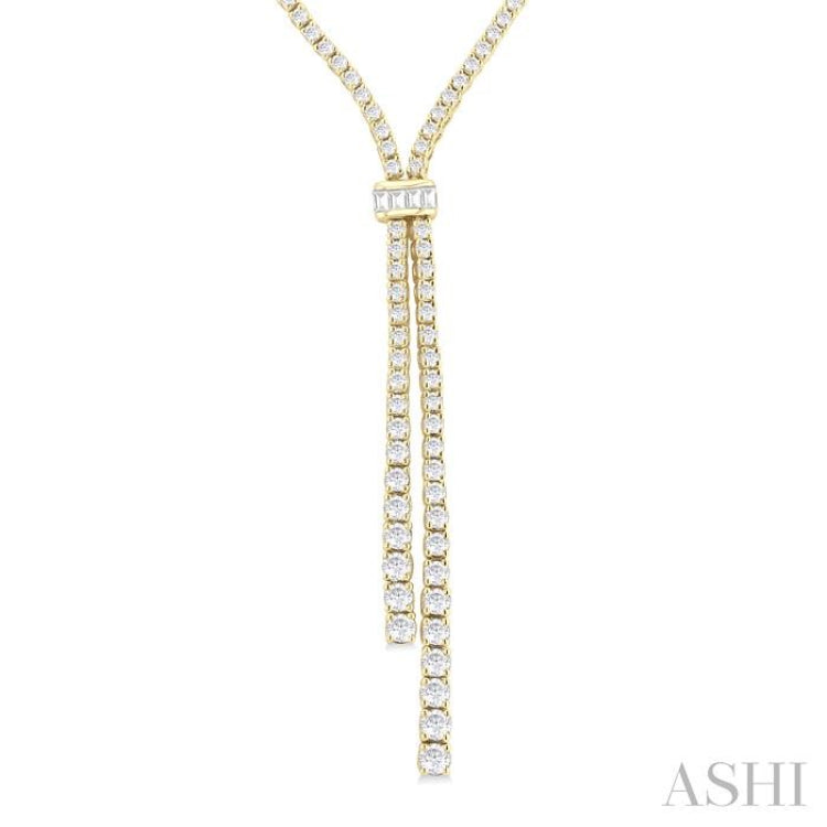 3 Ctw Split Y-Shape Baguette and Round Cut Diamond Lariat Necklace in 14K Yellow Gold