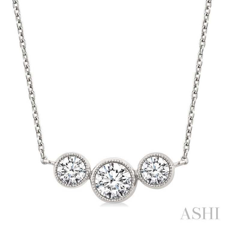 1 Ctw Past, Present & Future 3-Stone Bezel Set Round Cut Diamond Necklace in 14K White Gold