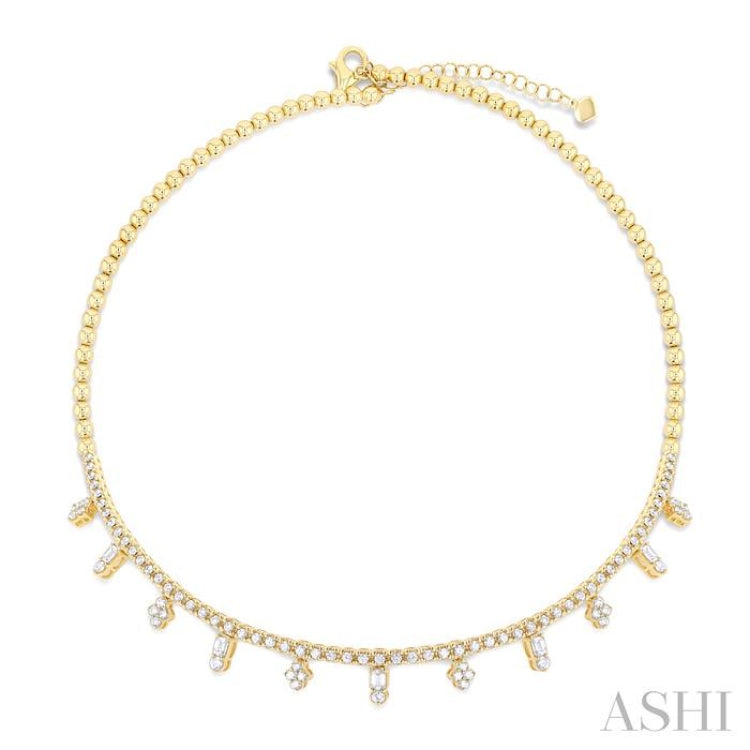 2 1/2 Ctw Geometric Dangle Accent Emerald and Round Cut Diamond Ball Bead Choker Necklace in 14K Yellow Gold