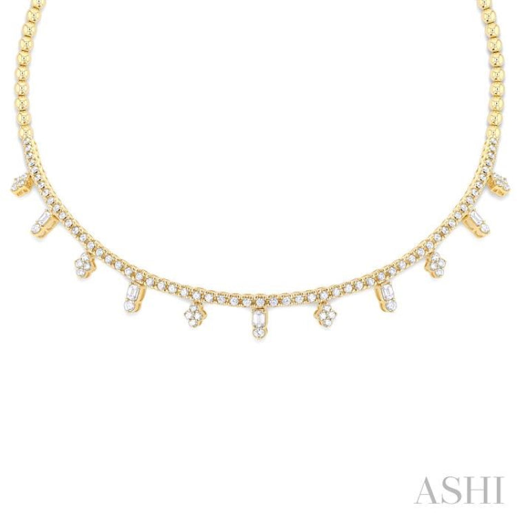 2 1/2 Ctw Geometric Dangle Accent Emerald and Round Cut Diamond Ball Bead Choker Necklace in 14K Yellow Gold