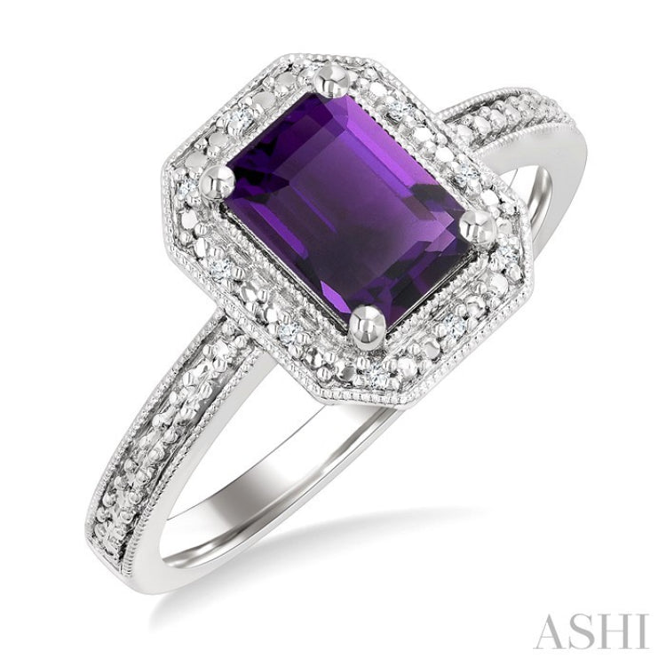 7X5 MM Octagon Shape Amethyst and 1/50 Ctw Round Cut Diamond Semi-precious Ring in Sterling Silver