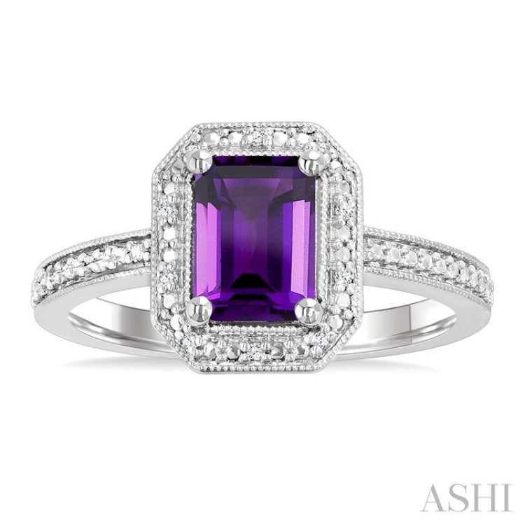 7X5 MM Octagon Shape Amethyst and 1/50 Ctw Round Cut Diamond Semi-precious Ring in Sterling Silver